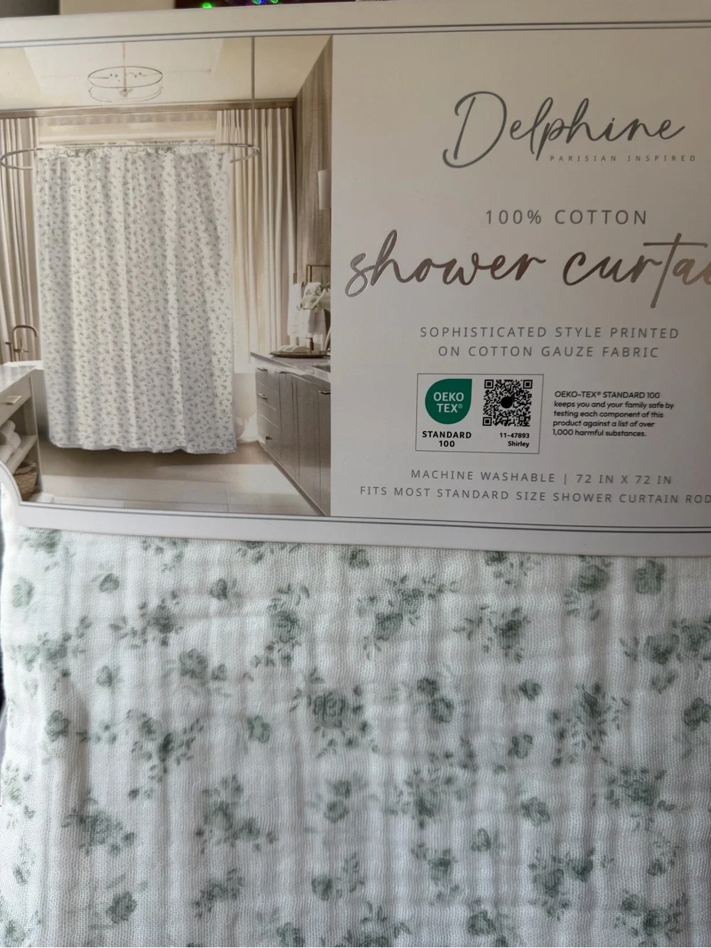 Delphine cotton gauze lace hem green floral rose vintage style Shower Curtan